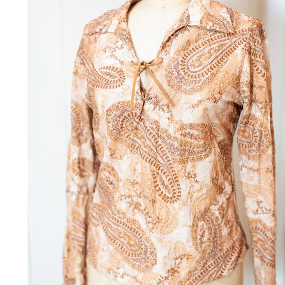 Vintage Y2K Boho Blouse M, Brown Cream Paisley Sheer Lace-Up V-Neck Hippie Shirt - Picture 13 of 13